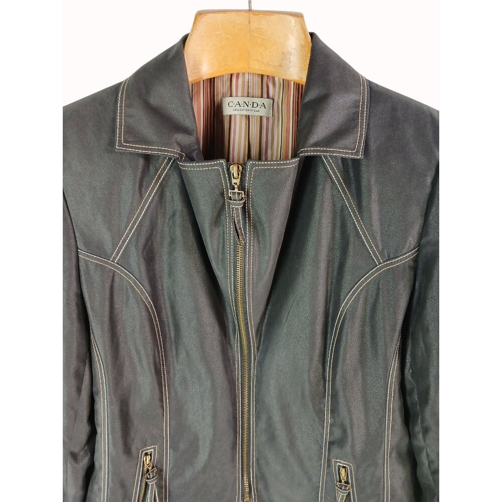 CANDA C&A Womens Black Faux Leather Jacket Zipper Closure Contrast Size 40 Moto - Picture 7 of 13